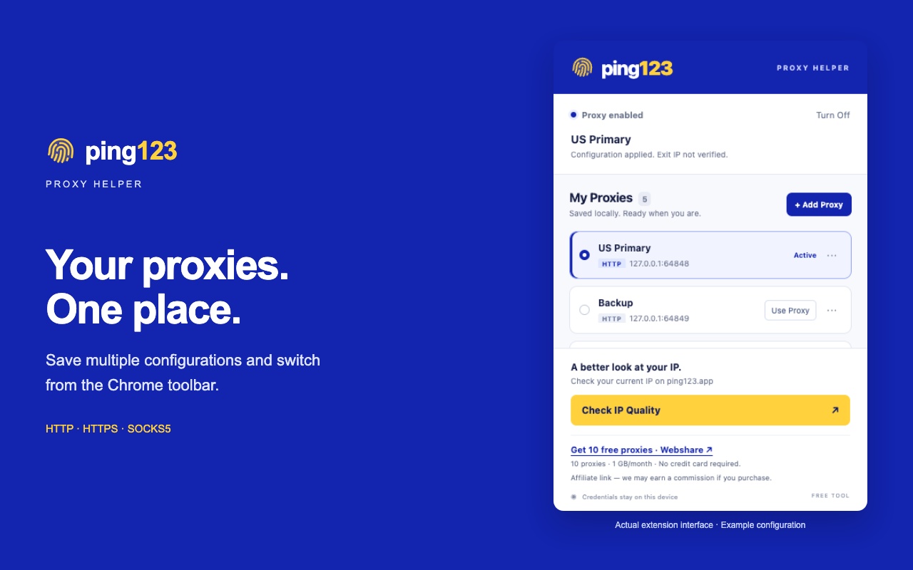 Ping123 Proxy Helper showing saved proxy profiles and controls to switch the active connection