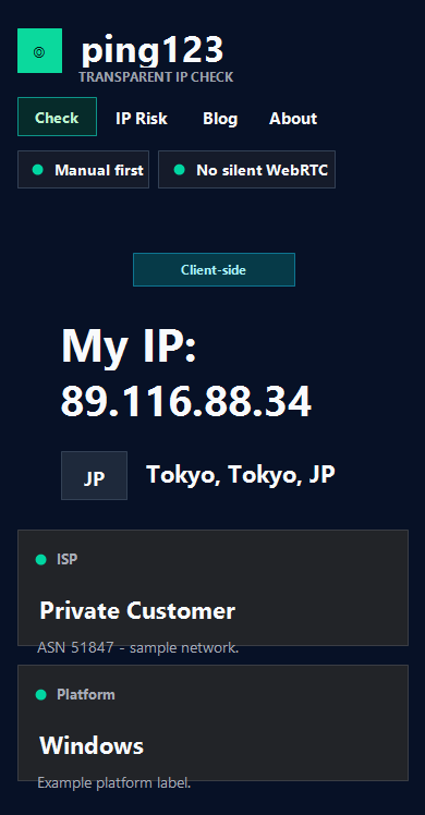Mobile sample screenshot of ping123.app transparent IP check showing client-side transparency, IP 89.116.88.34, Tokyo Japan, ISP, platform, and browser fields.