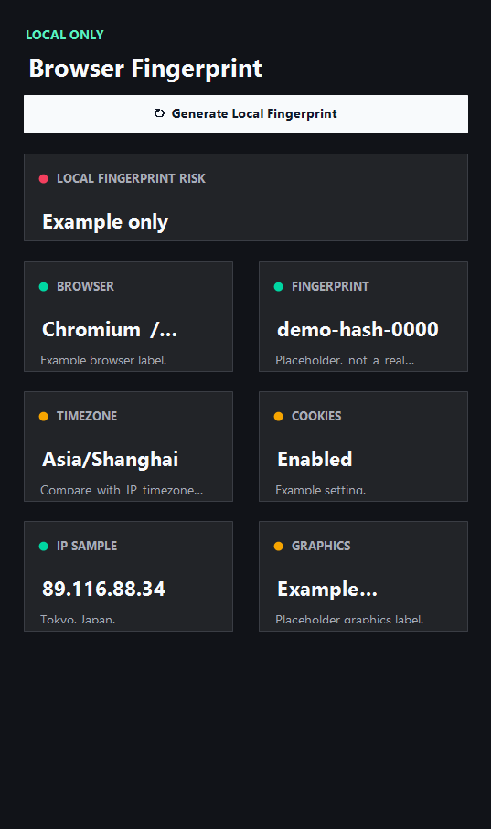 ping123 browser fingerprint result showing user agent, timezone, hardware, and WebGL signals