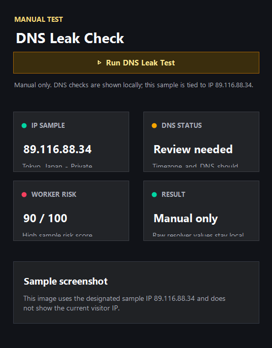 ping123 DNS leak test result showing resolver cards, provider, country, and leak consistency