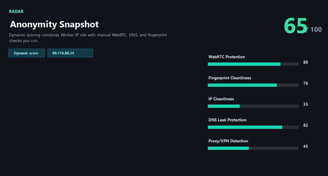ping123 VPN detection result showing public IP, ASN, risk score, DNS, WebRTC, and browser consistency signals