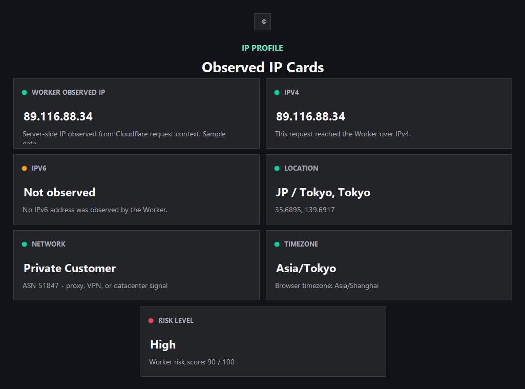 ping123 原生 IP 检测结果，展示公网 IP、ASN、运营商、地区和风险信息